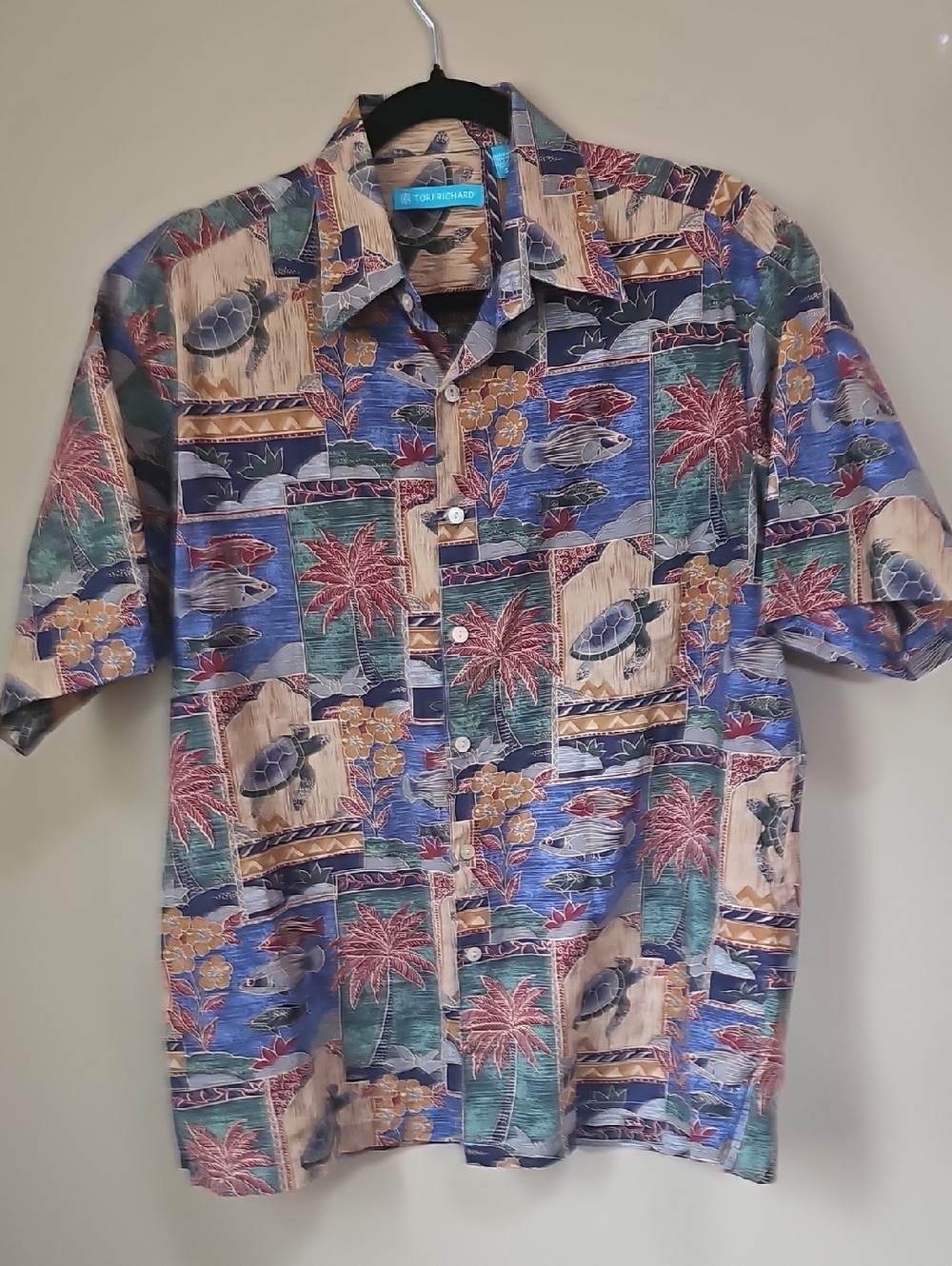 Tori Richard Blue Green Multi Tropical Button-Down Camp Shirt Vintage